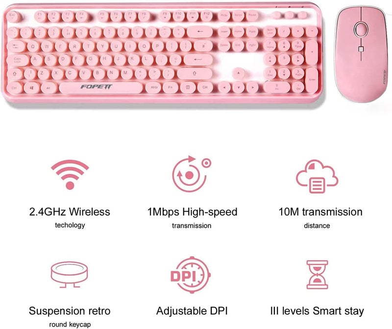 FOPETT Wireless Keyboard and Mouse Combo, 104 Keys Full-Sized 2.4 GHz Round Keycap Colorful Keyboards, USB Receiver Plug and Play, for Windows, Mac, PC, Laptop, Desktop (Pink) - Image 4